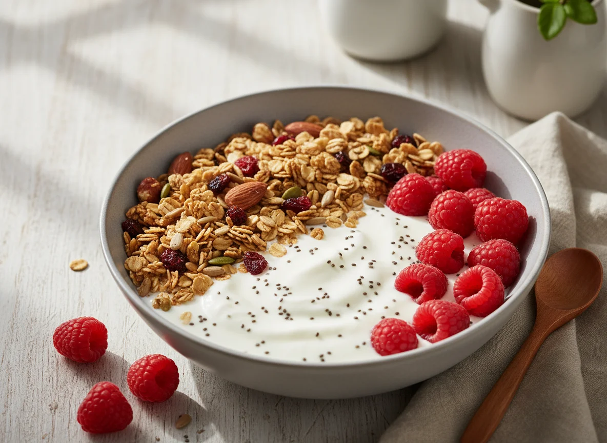 Joghurt mit Müsli und Himbeeren photo