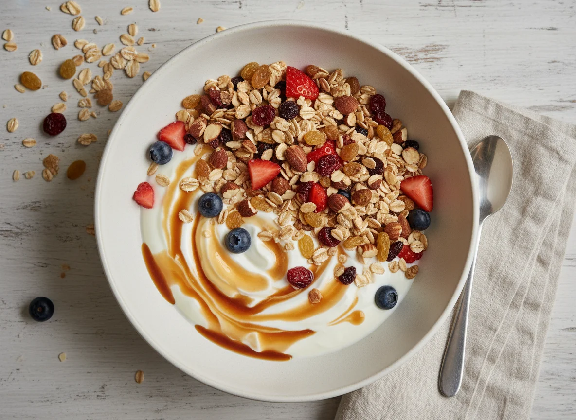 Joghurt mit Müsli und Karamellsauce photo