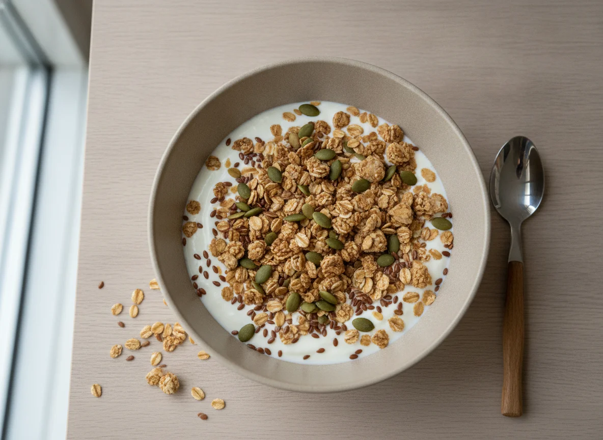 Joghurt mit Müsli und Kernen photo