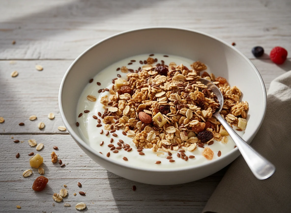 Joghurt mit Müsli und Leinsamen photo