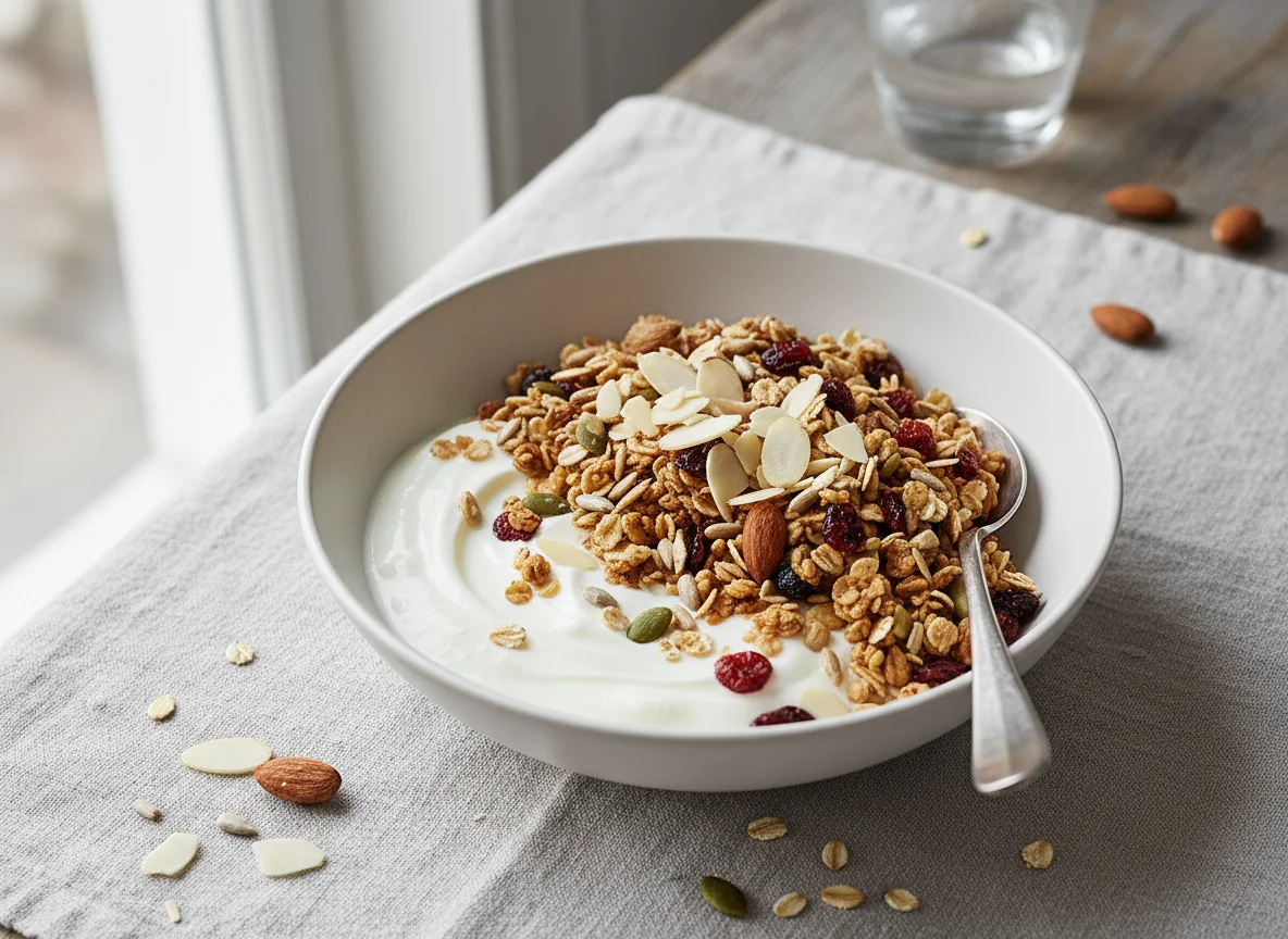 Joghurt mit Müsli und Mandeln photo