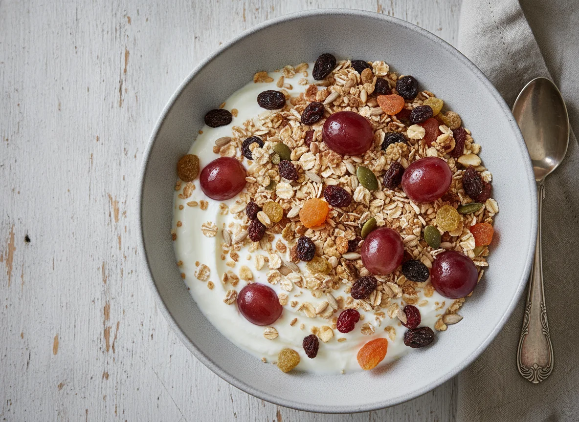 Joghurt mit Müsli und Weintrauben photo