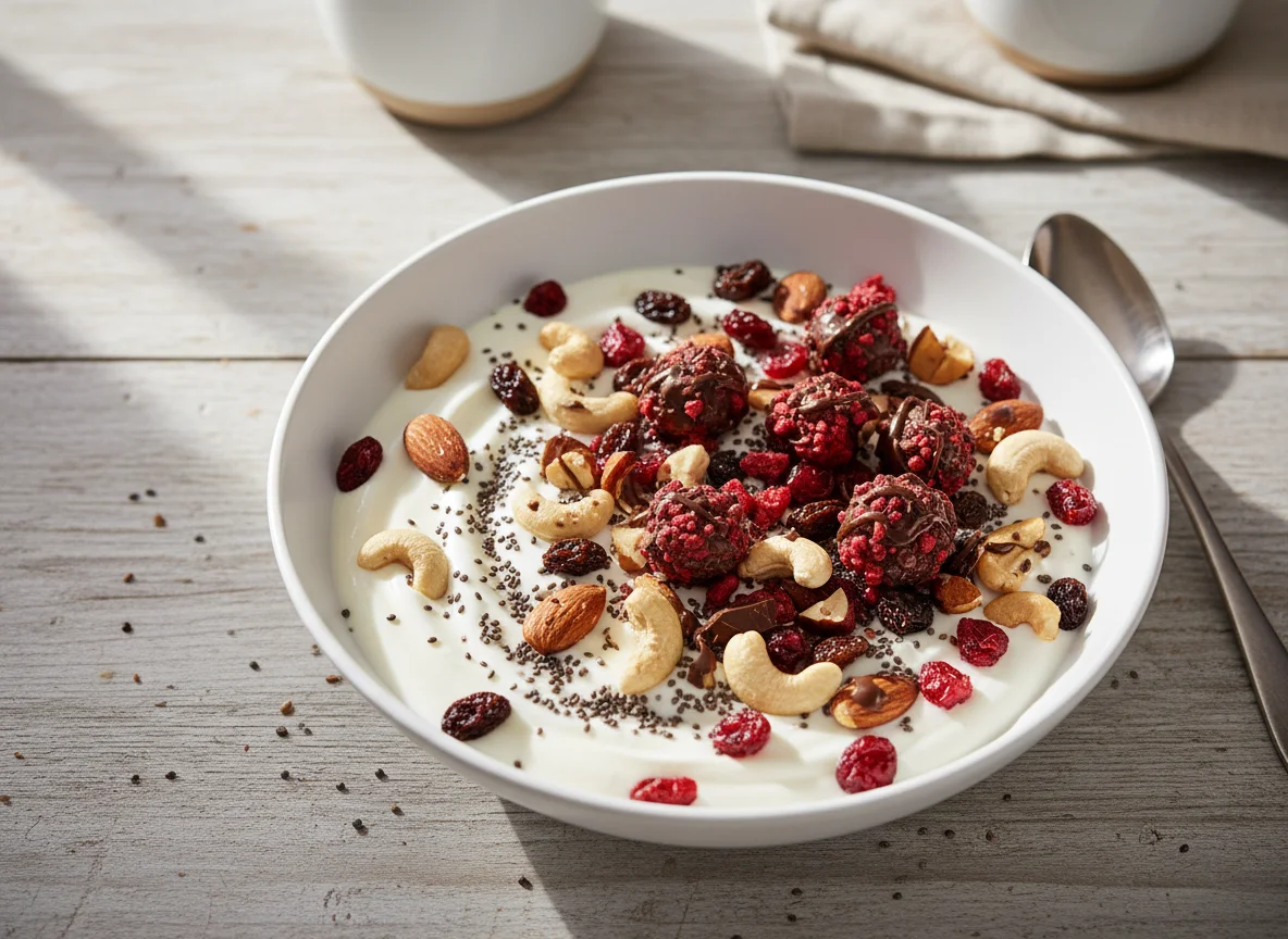 Joghurt mit Nüssen, Chiasamen und Schokofrüchten photo