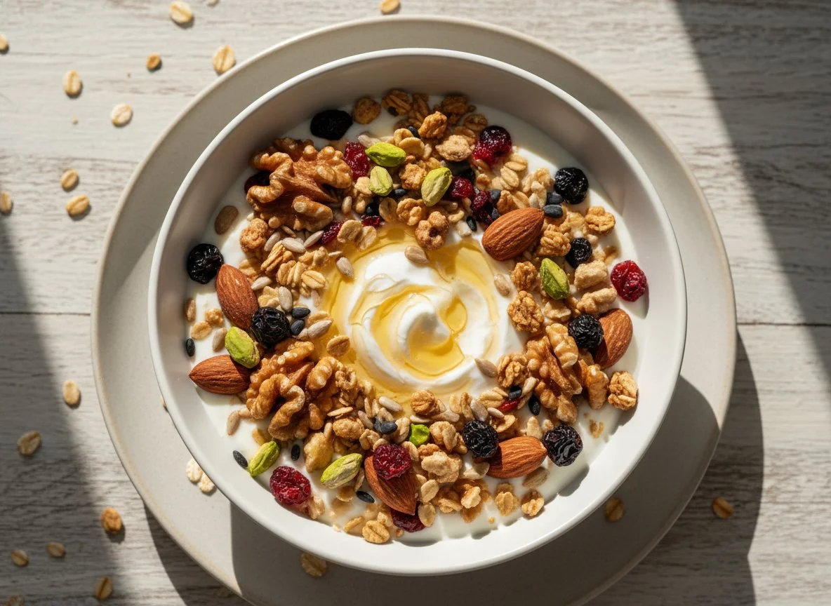 Joghurt mit Nüssen, Samen, Trockenfrüchten und Honig photo