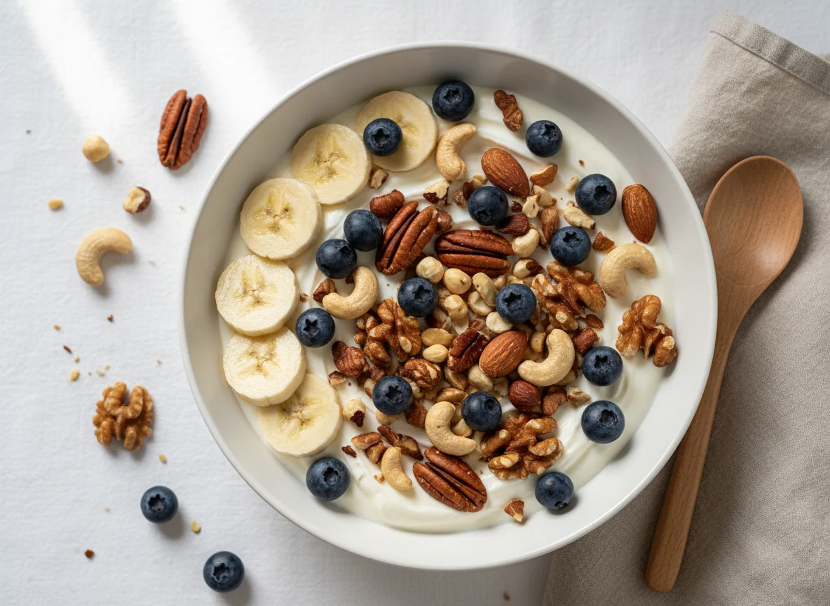 Joghurt mit Nüssen und Beeren photo