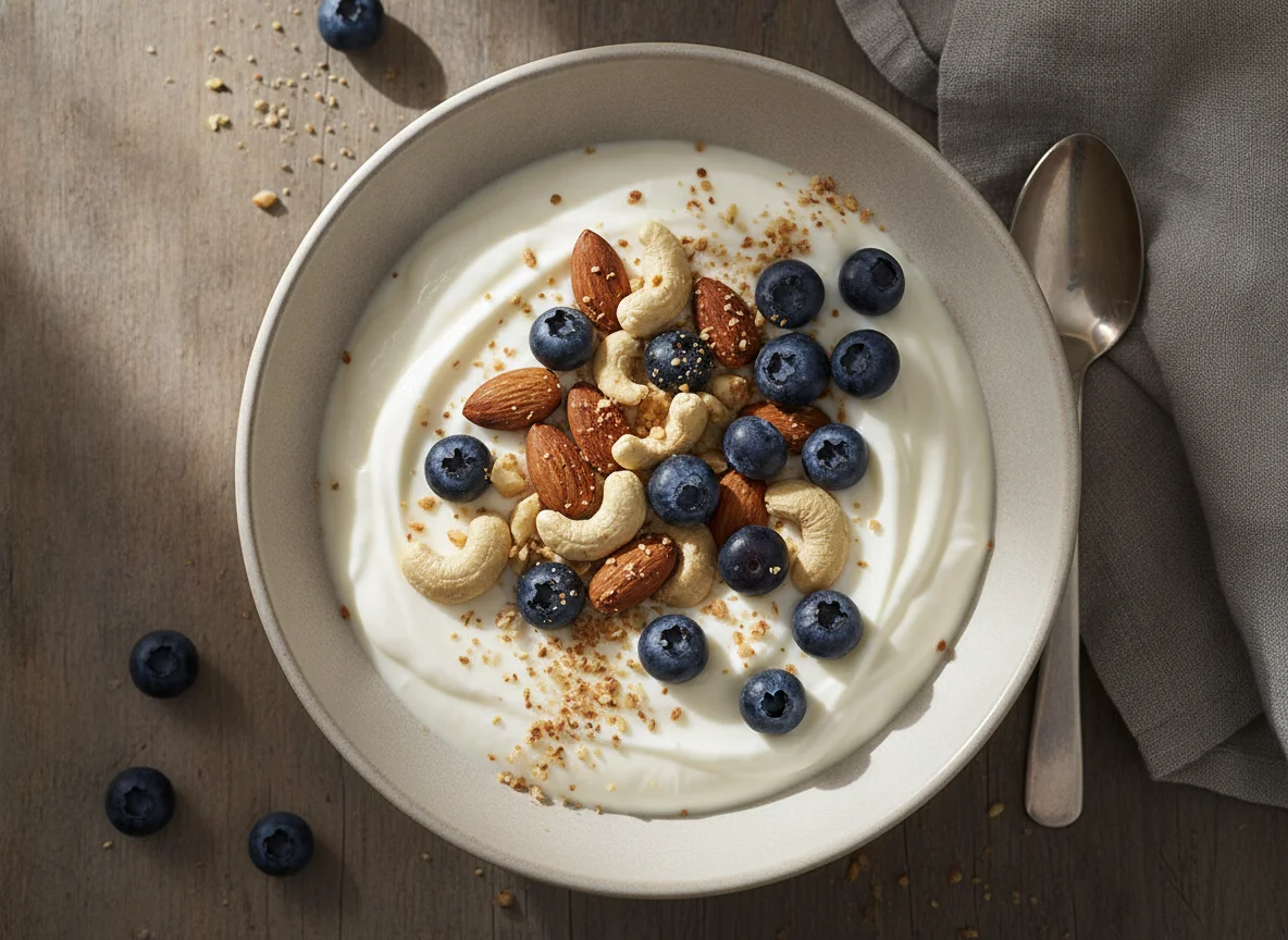 Joghurt mit Nüssen und Blaubeeren photo