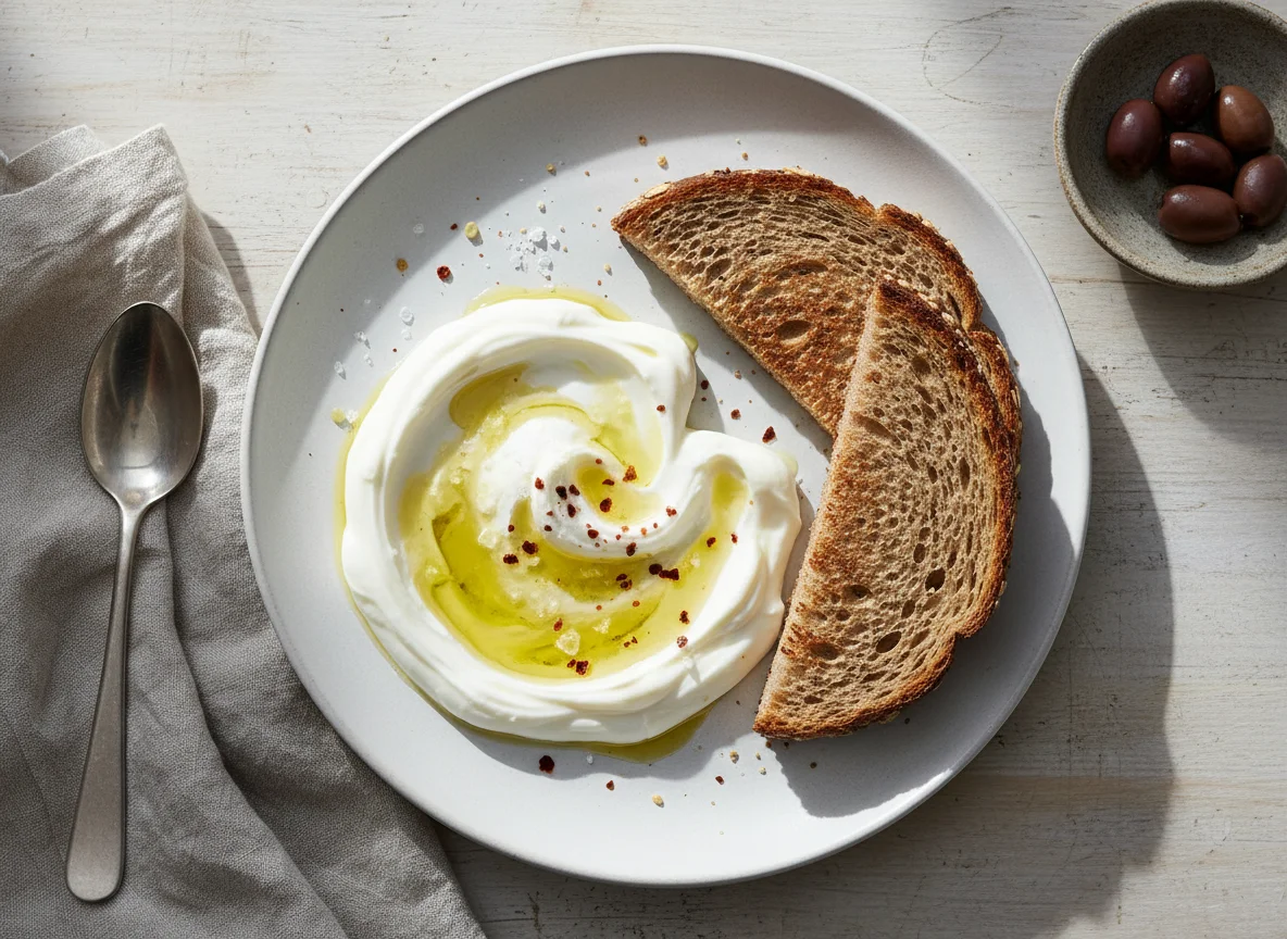 Joghurt mit Olivenöl und Vollkorntoast photo