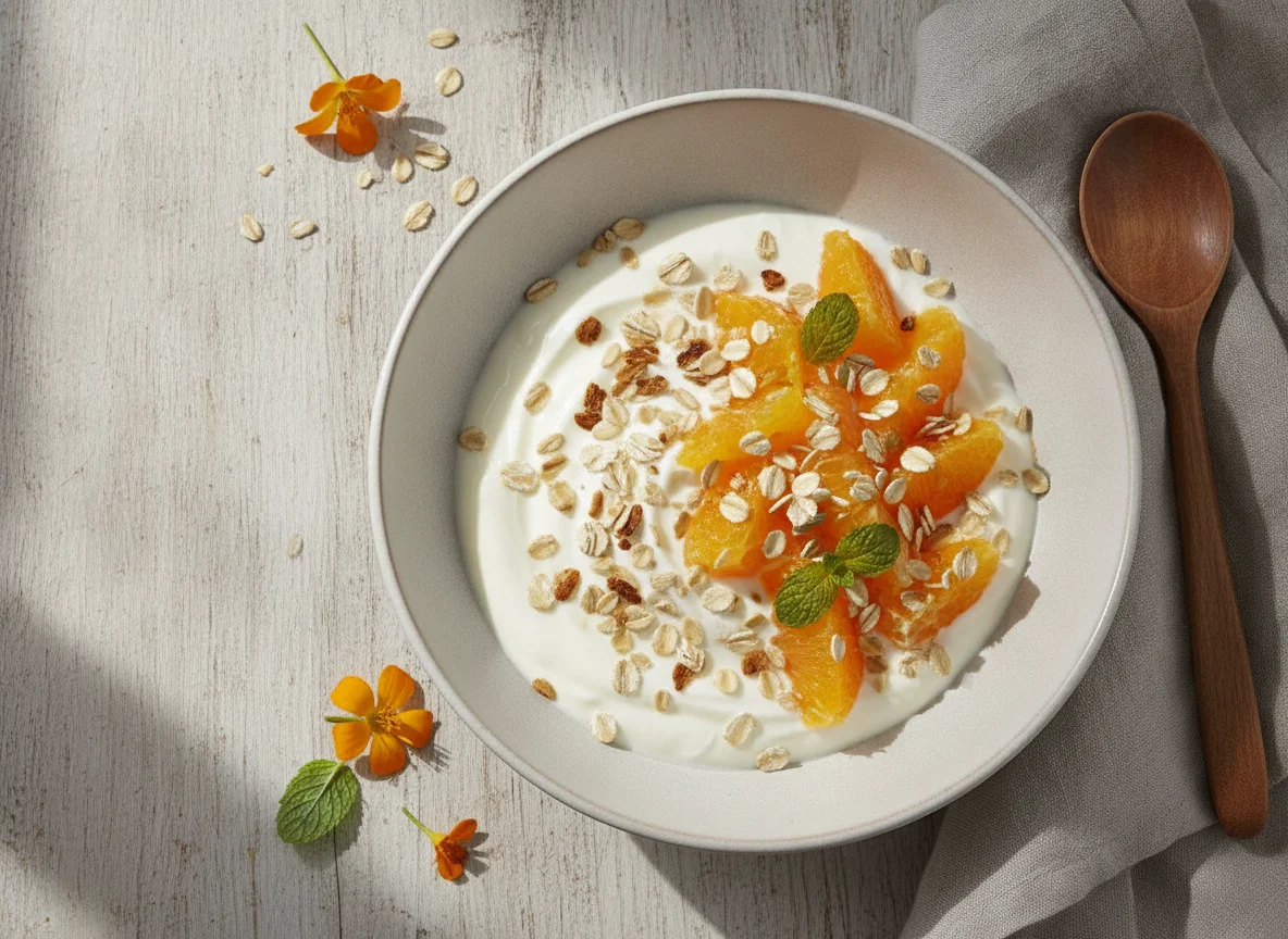 Joghurt mit Orangen und Haferflocken photo