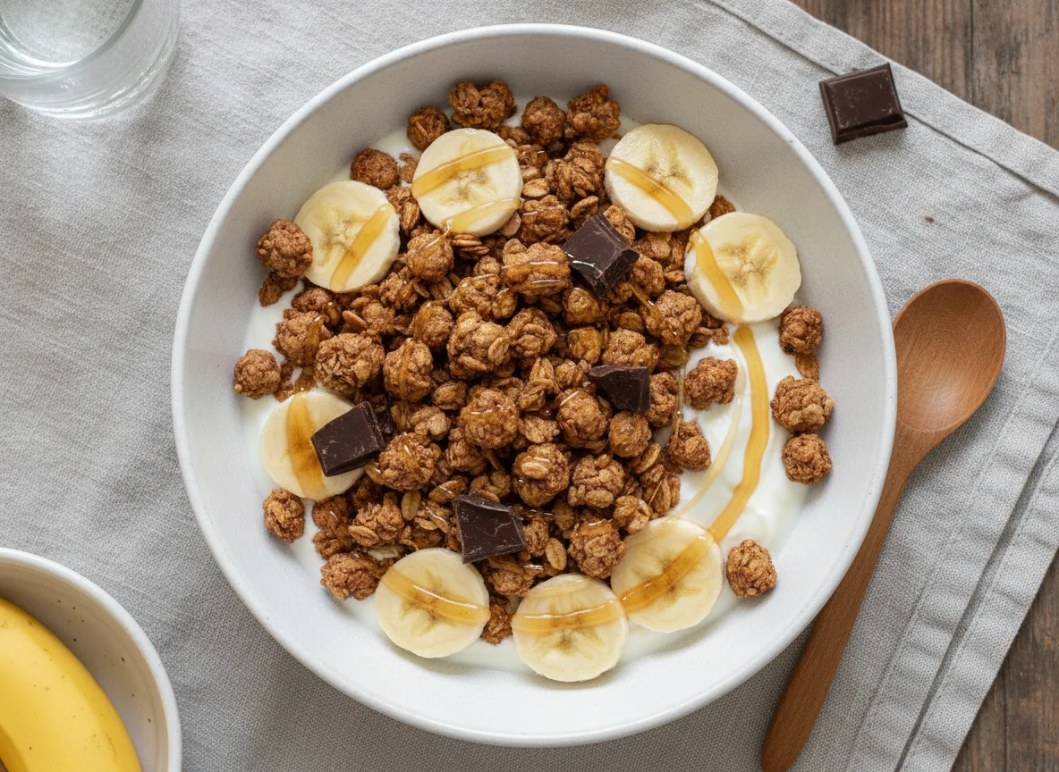 Joghurt mit Schokomüsli, Banane und Honig photo