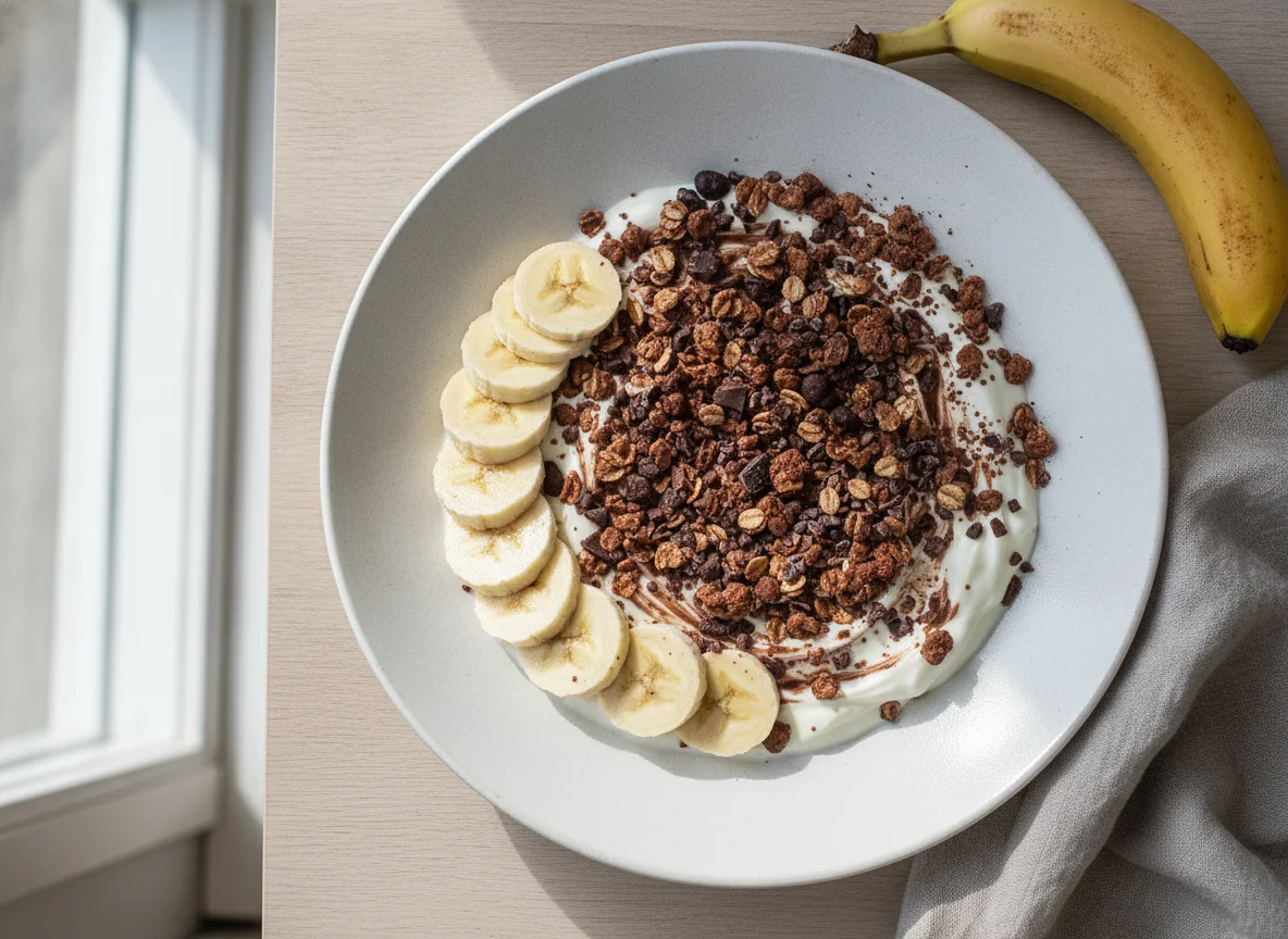 Joghurt mit Schokomüsli und Banane photo