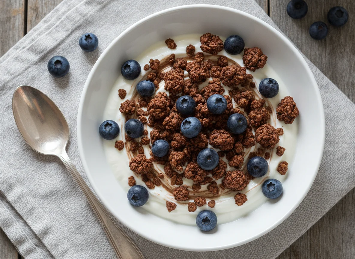 Joghurt mit Schokomüsli und Blaubeeren photo