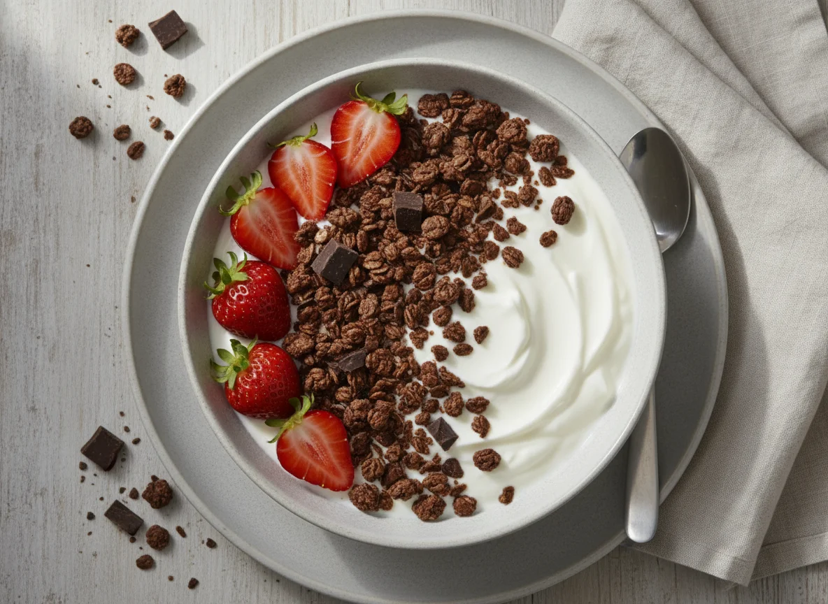 Joghurt mit Schokomüsli und Erdbeeren photo