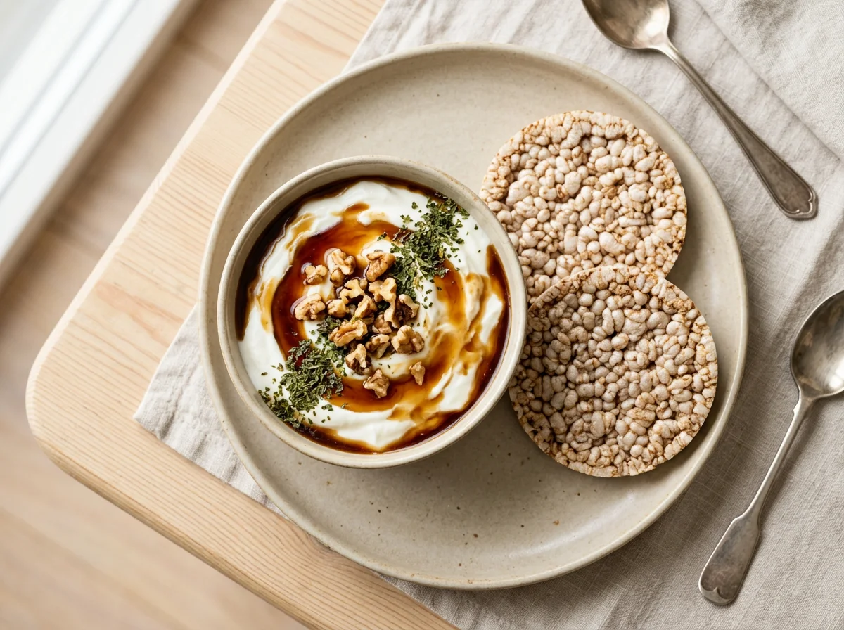 Joghurt mit Toppings und Reiswaffeln photo