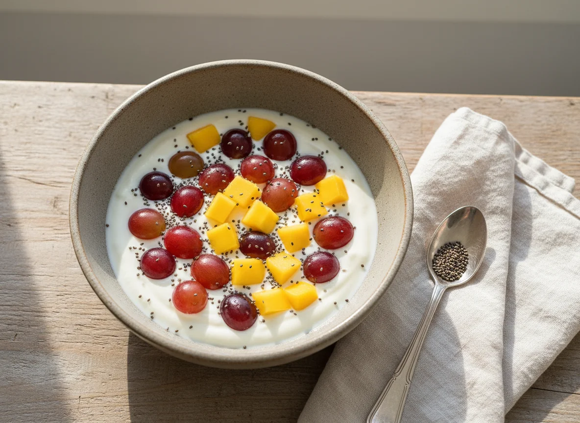 Joghurt mit Trauben, Chiasamen und Mango photo