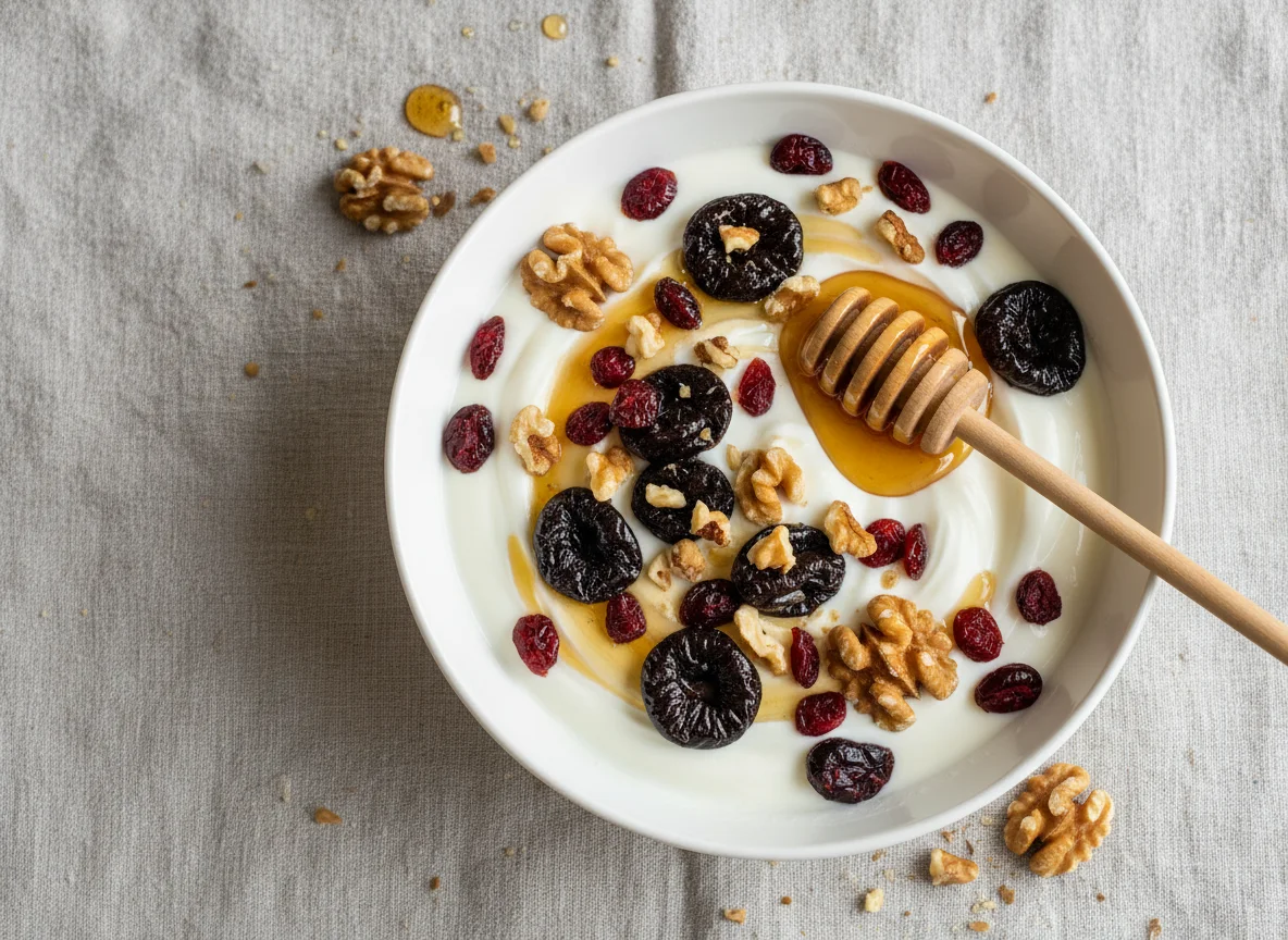 Joghurt mit Trockenfrüchten, Walnüssen und Honig photo