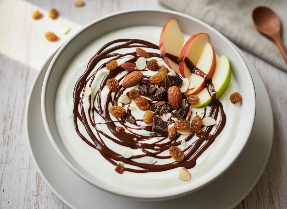Joghurt-Bowl mit Apfel, Schokolade und Mandeln photo