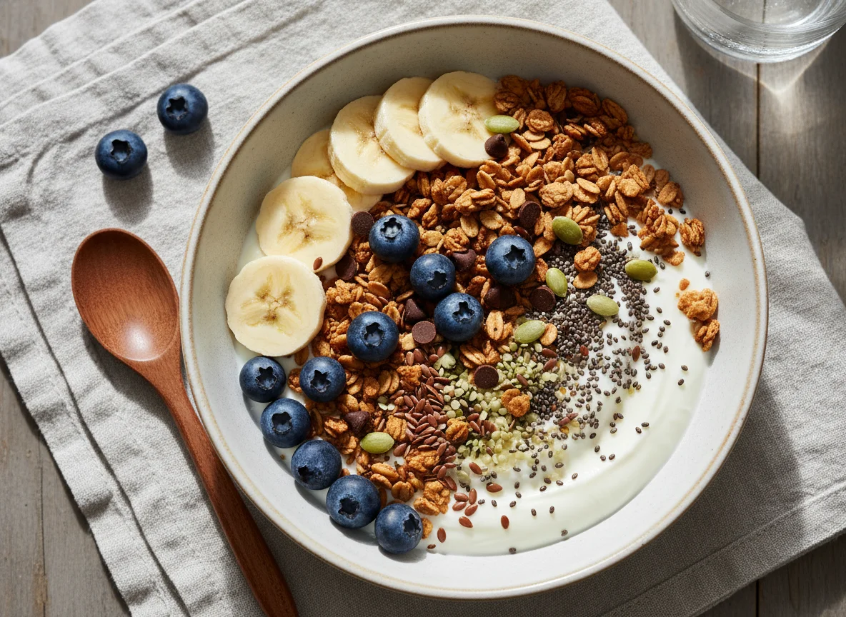 Joghurt-Bowl mit Banane, Blaubeeren, Müsli und Schokochips photo