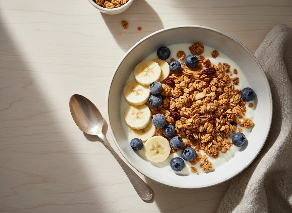 Joghurt-Bowl mit Banane, Blaubeeren und Müsli photo