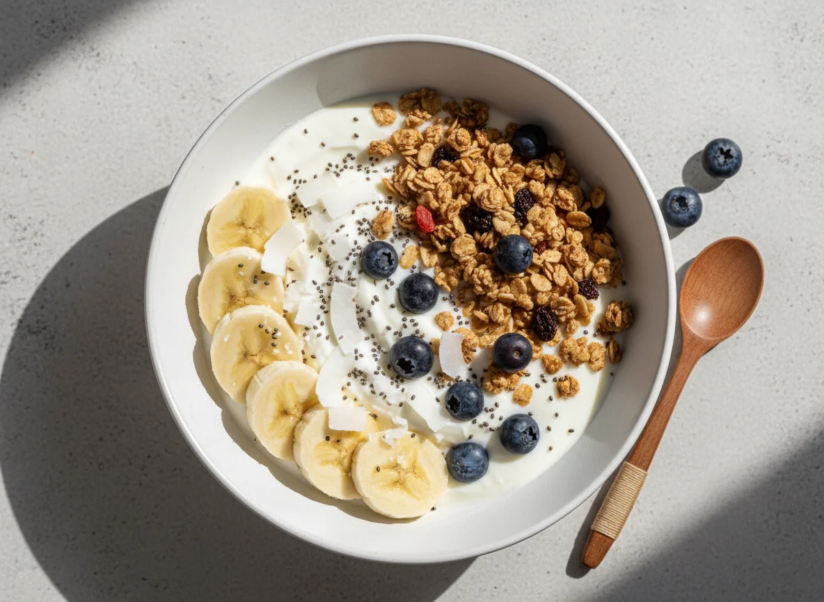 Joghurt-Bowl mit Banane, Chiasamen, Kokosraspeln und Müsli photo