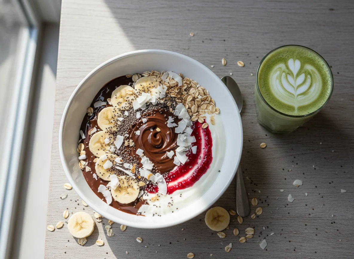 Joghurt-Bowl mit Banane und Matcha-Latte photo