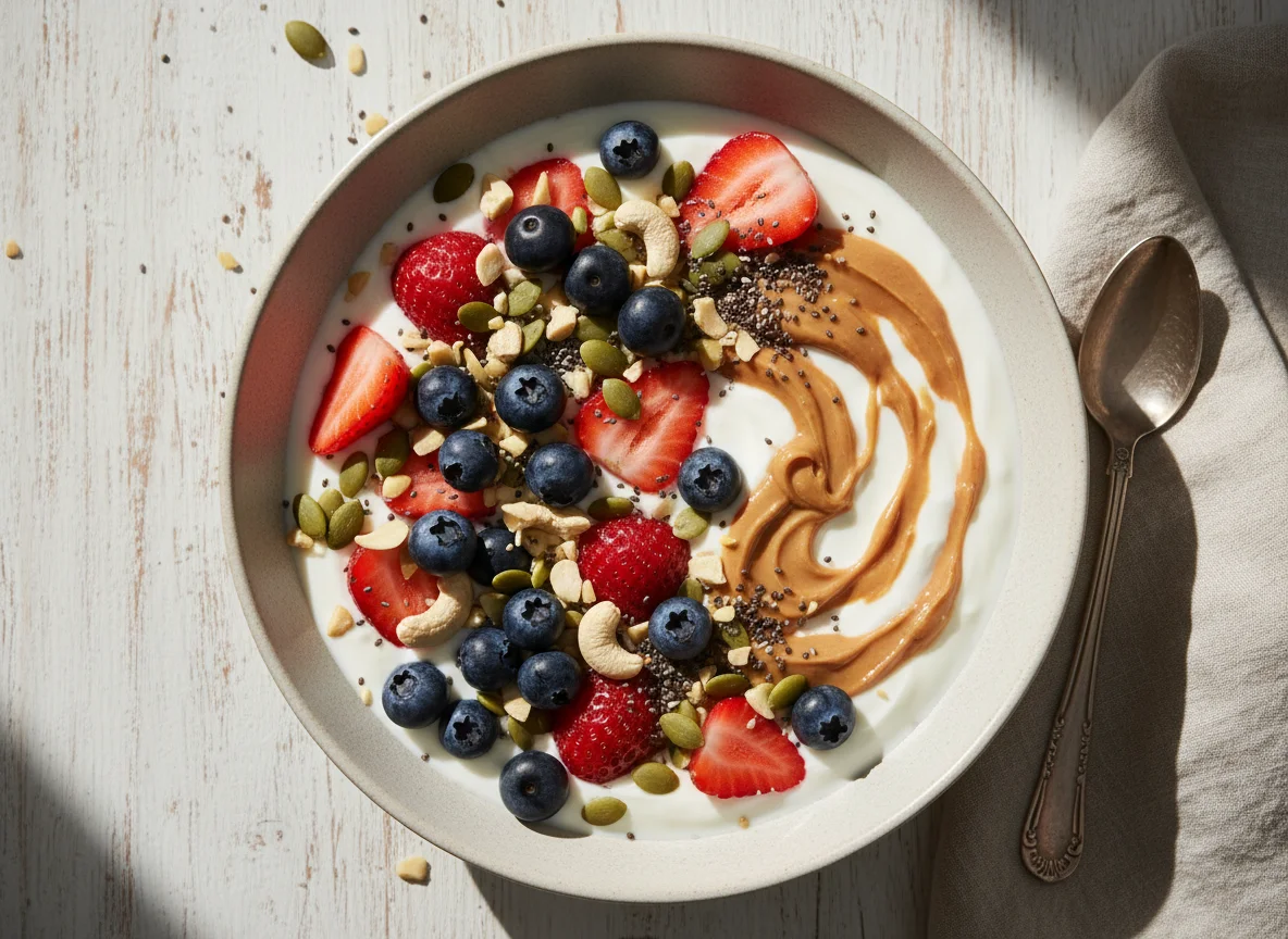 Joghurt-Bowl mit Beeren, Nüssen und Chiasamen photo