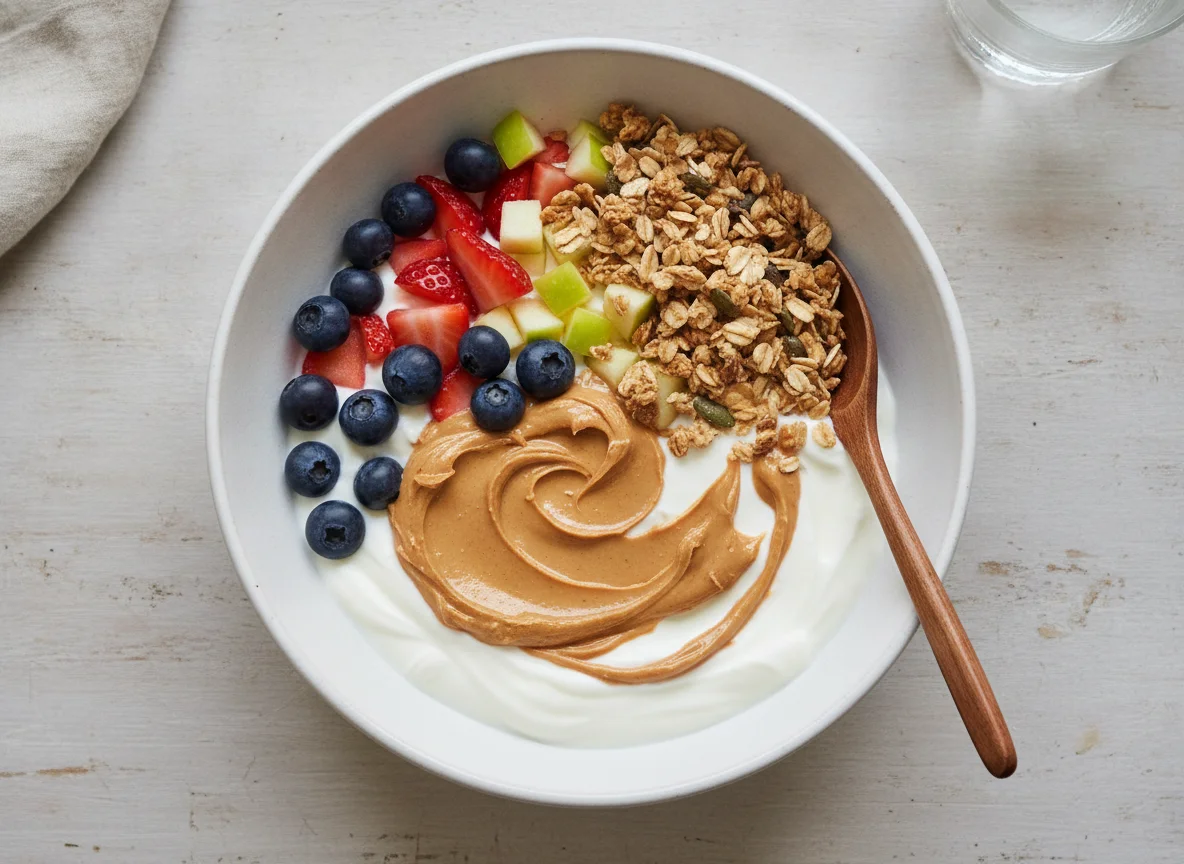 Joghurt-Bowl mit Beeren und Erdnussmus photo