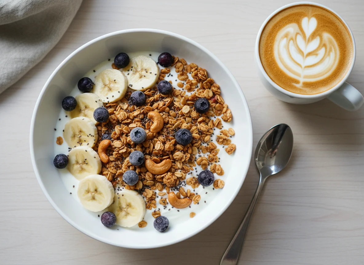 Joghurt-Bowl mit Früchten, Müsli und Cappuccino photo
