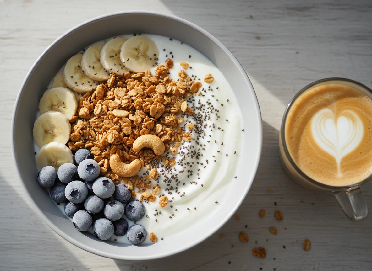 Joghurt-Bowl mit Früchten, Müsli und Cashews photo