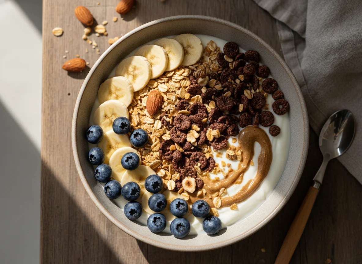Joghurt-Bowl mit Früchten, Müsli und Nussmus photo