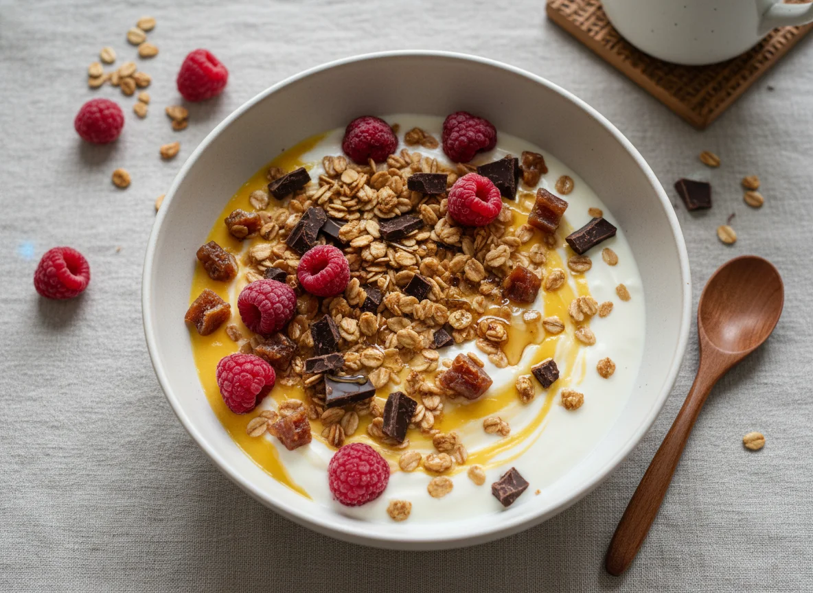 Joghurt-Bowl mit Früchten, Müsli und Schokolade photo