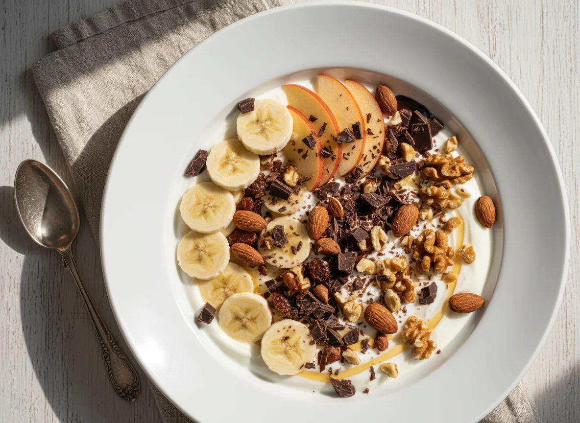 Joghurt-Bowl mit Früchten, Nüssen und Schokolade photo