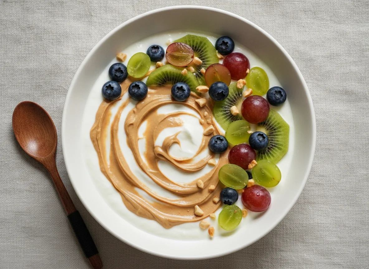 Joghurt-Bowl mit Früchten und Erdnussmus photo