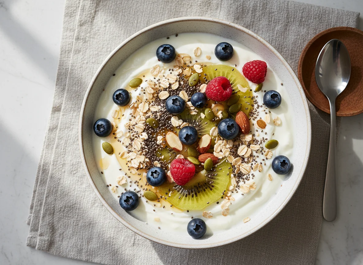Joghurt-Bowl mit Früchten und Nüssen photo