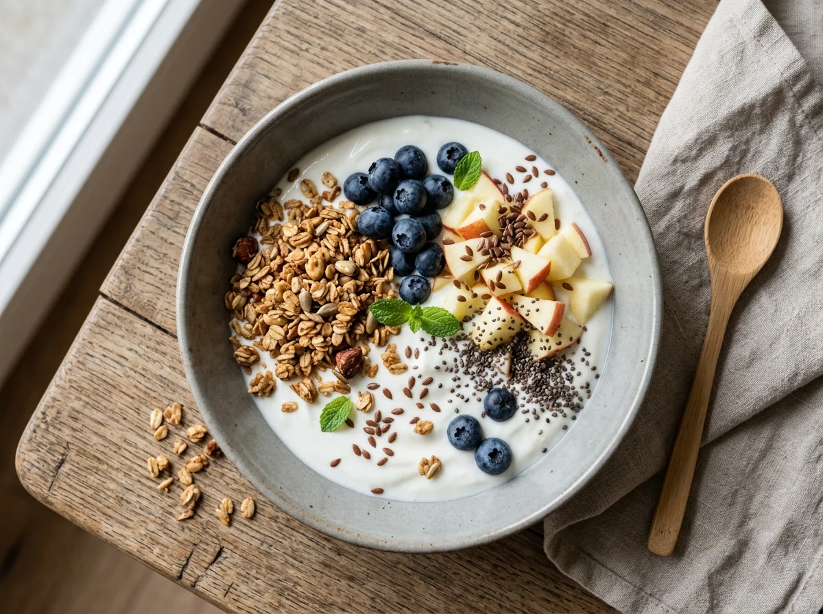 Joghurt-Bowl mit Früchten und Samen photo
