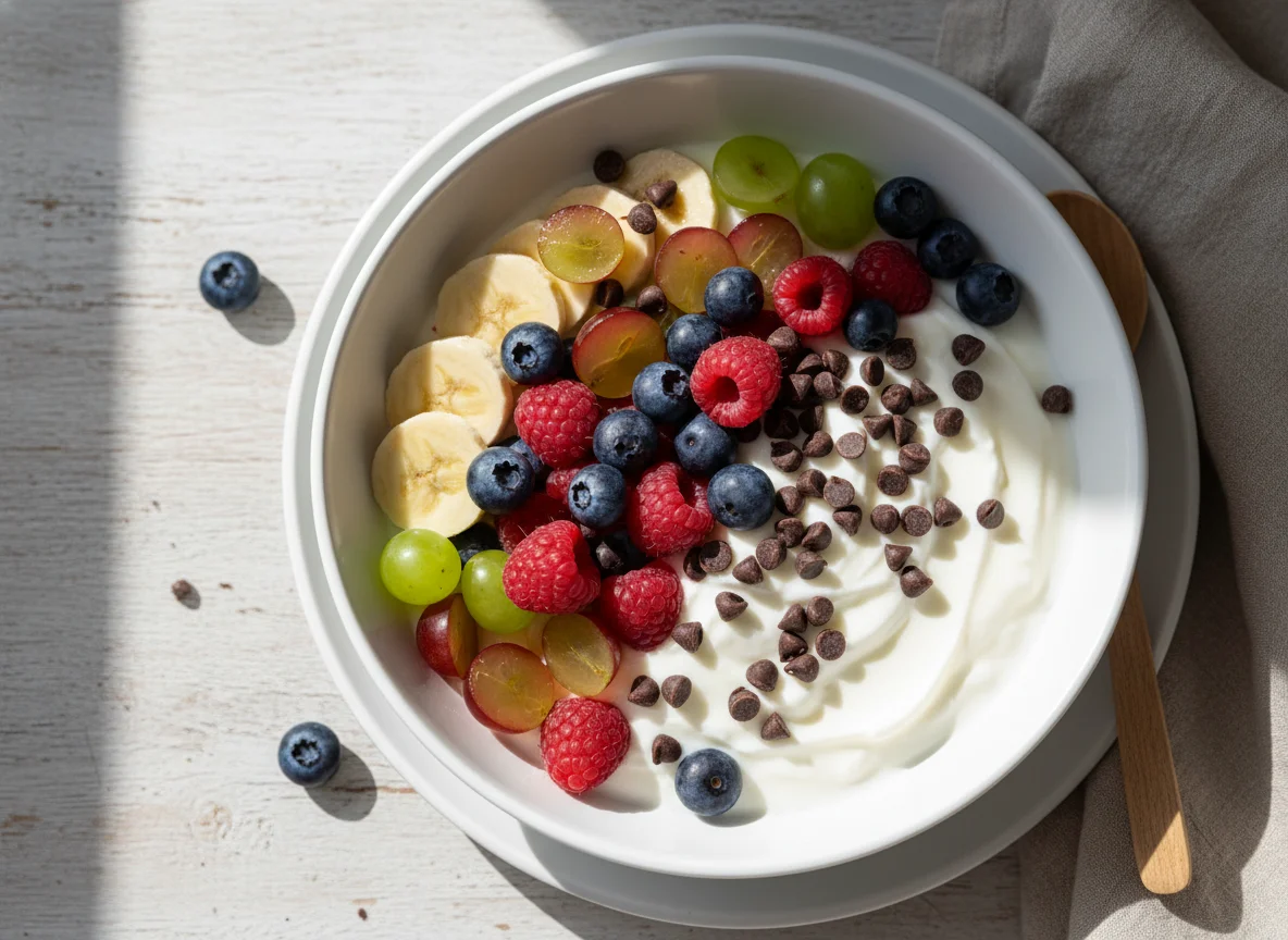 Joghurt-Bowl mit Früchten und Schokodrops photo