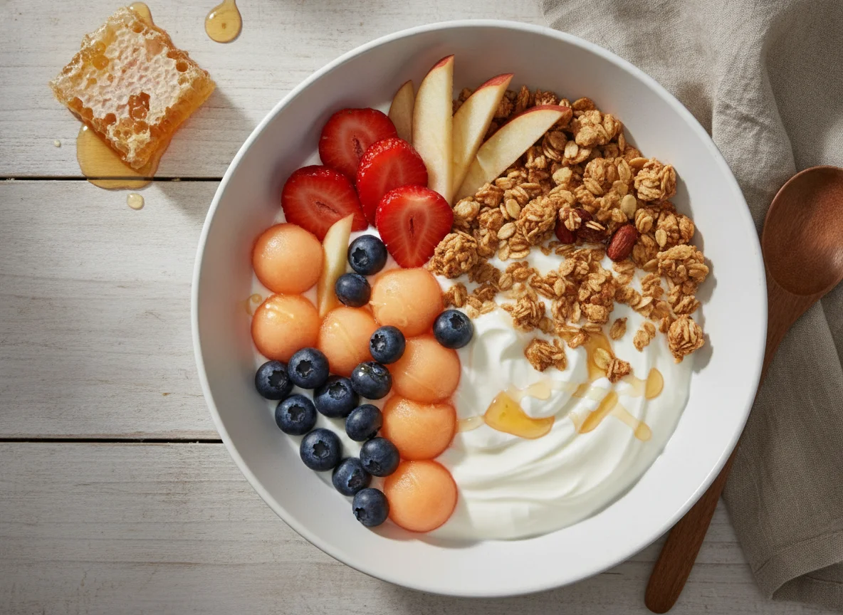 Joghurt-Bowl mit Granola und Früchten photo