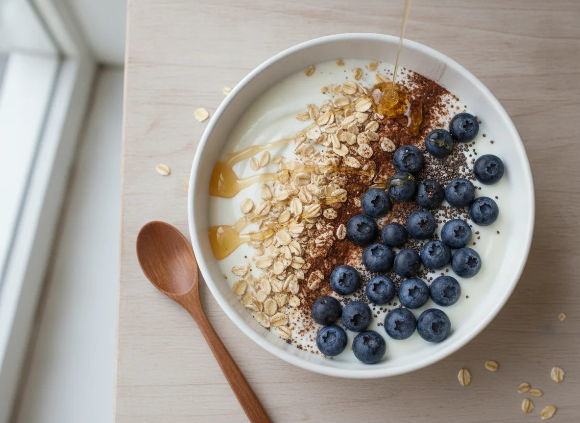 Joghurt-Bowl mit Haferflocken, Blaubeeren und Chiasamen photo
