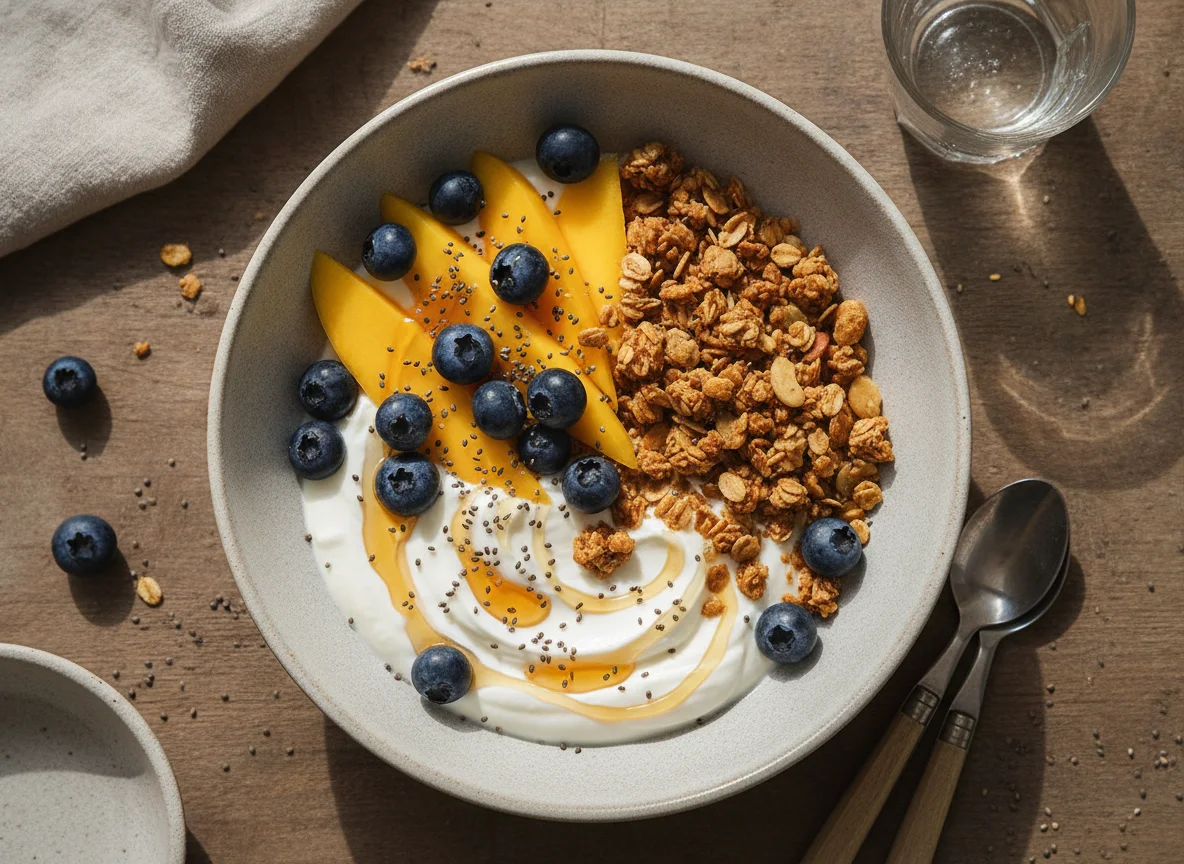 Joghurt-Bowl mit Mango, Blaubeeren und Granola photo