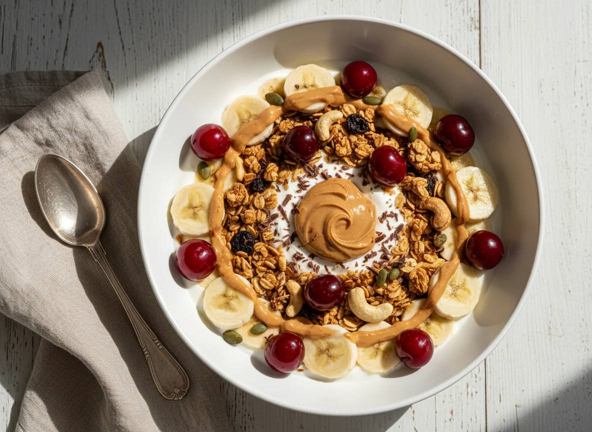 Joghurt-Bowl mit Müsli, Früchten und Erdnussbutter photo