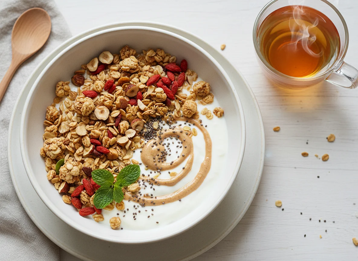 Joghurt-Bowl mit Nüssen und Beeren photo