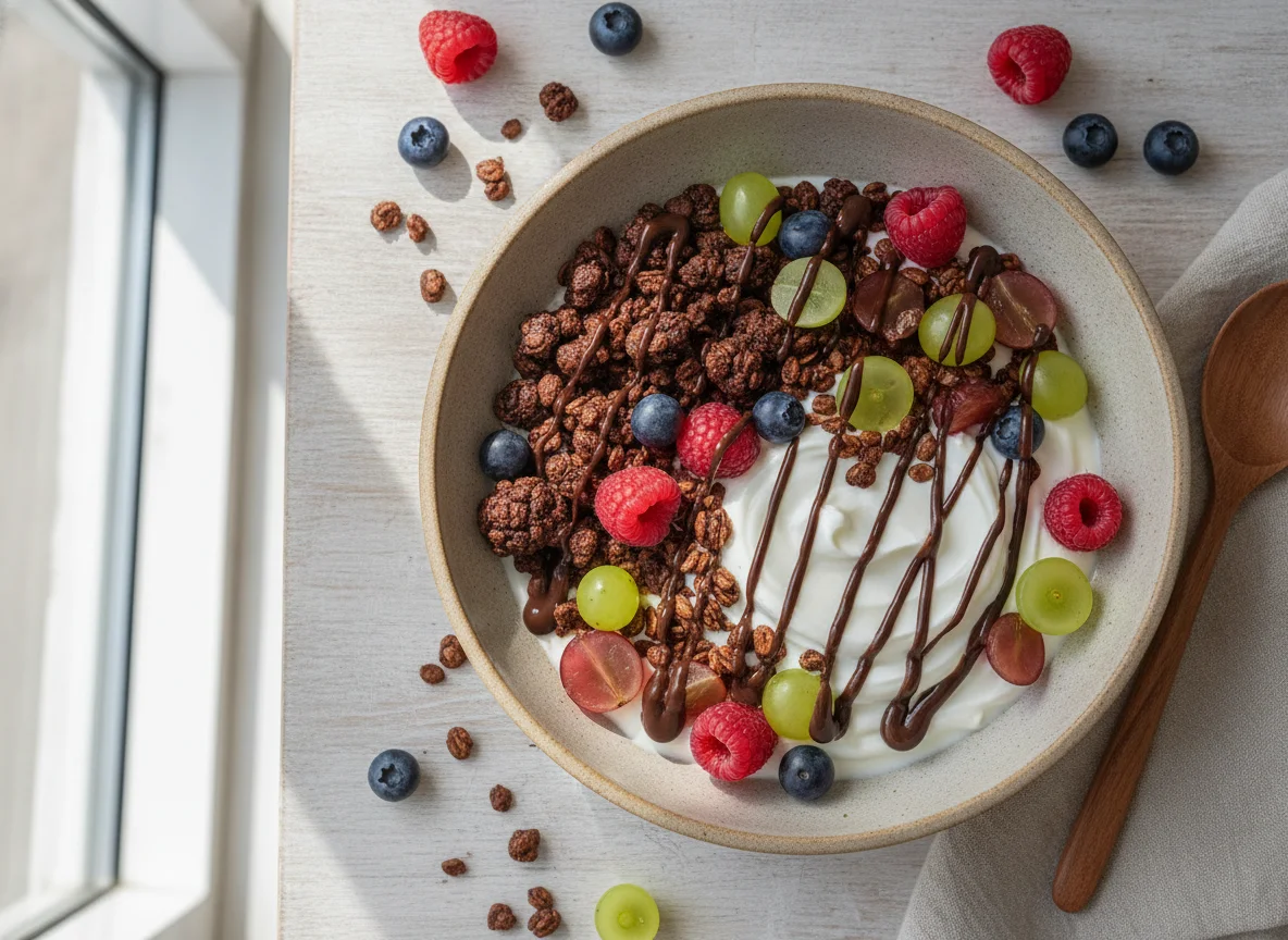 Joghurt-Bowl mit Schoko-Granola und Beeren photo
