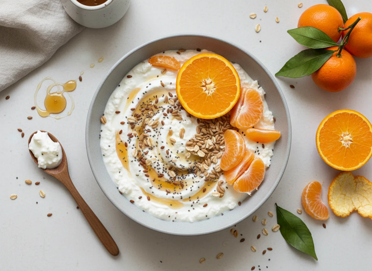 Joghurt-Frischkäse-Bowl mit Haferflocken, Samen und Zitrusfrüchten photo