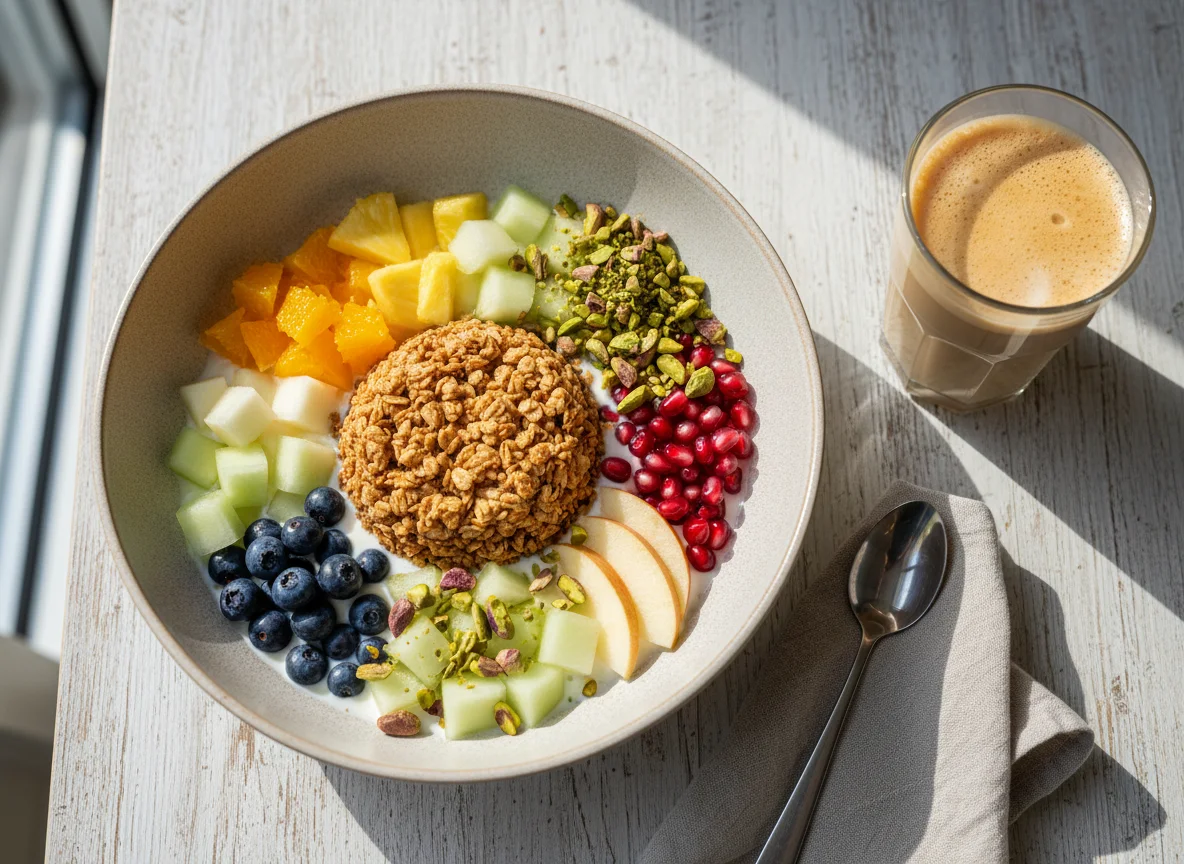 Joghurt-Granola-Bowl mit Früchten und Latte Macchiato photo