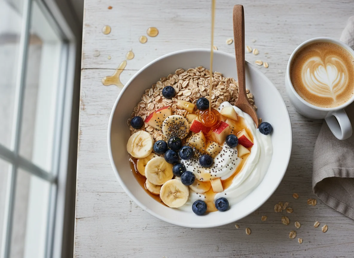 Joghurt-Müsli-Schale mit Früchten und Ahornsirup photo