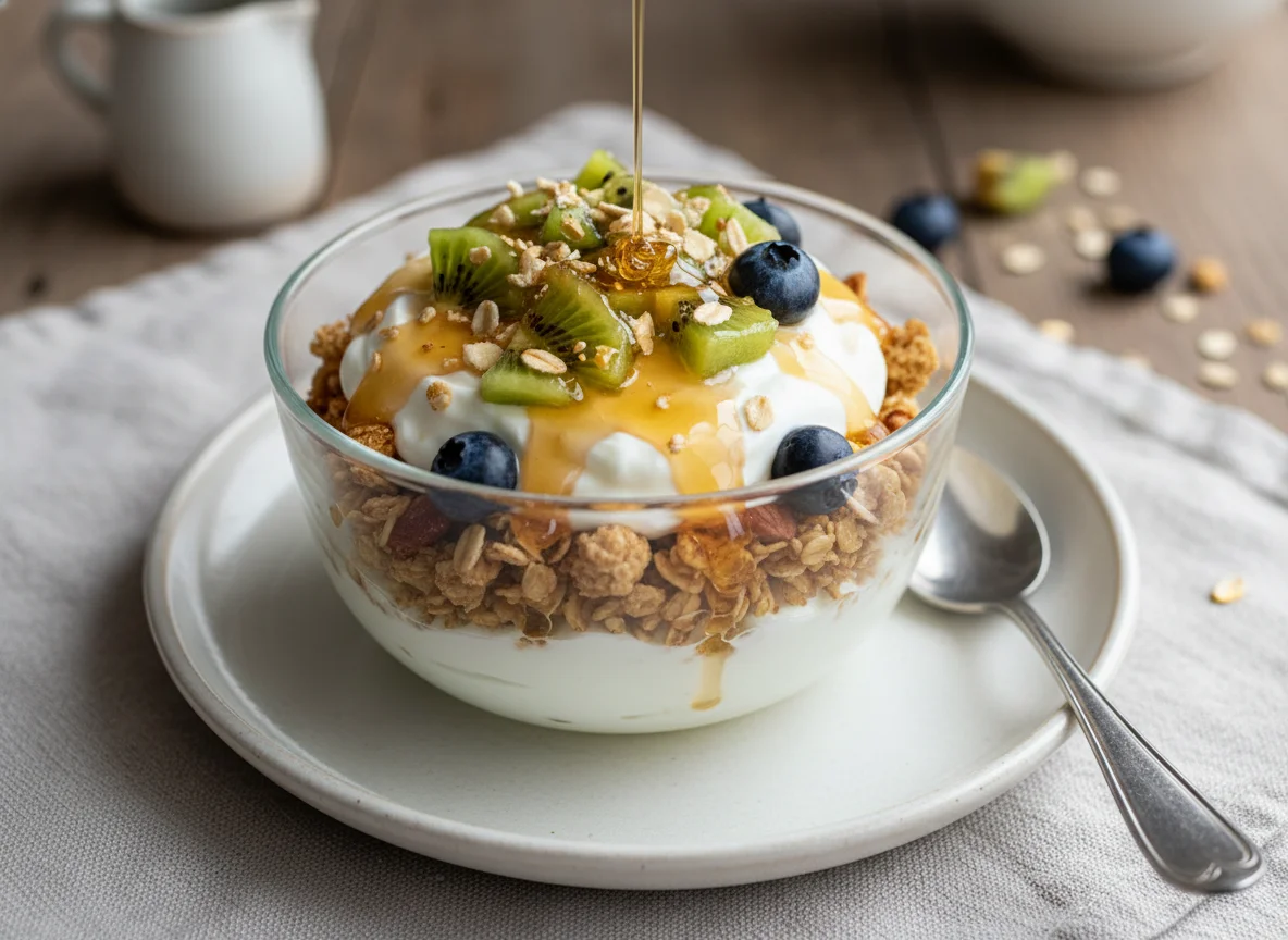 Joghurt-Parfait mit Früchten und Müsli photo