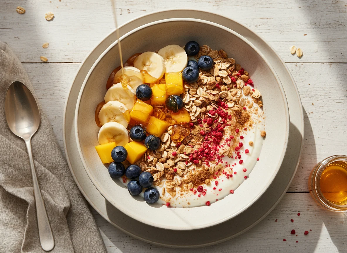 Joghurt/Quark mit Früchten, Müsli und Honig photo