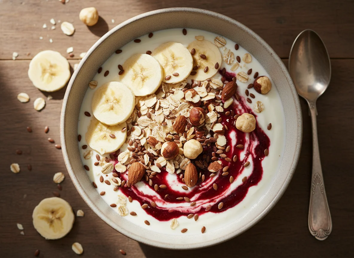 Joghurt/Quark mit Haferflocken, Banane, Nüssen und Leinsamen photo