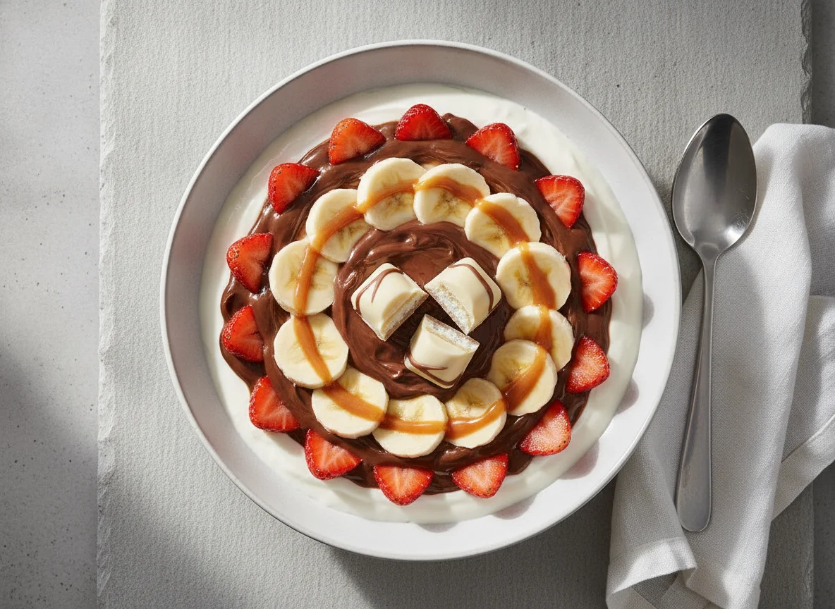 Joghurt-Schüssel mit Früchten und Schokolade photo