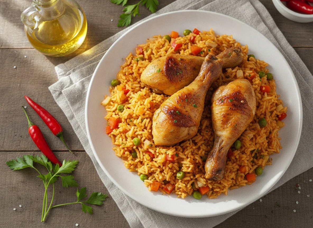 Jollof Reis mit Hähnchenschenkeln photo