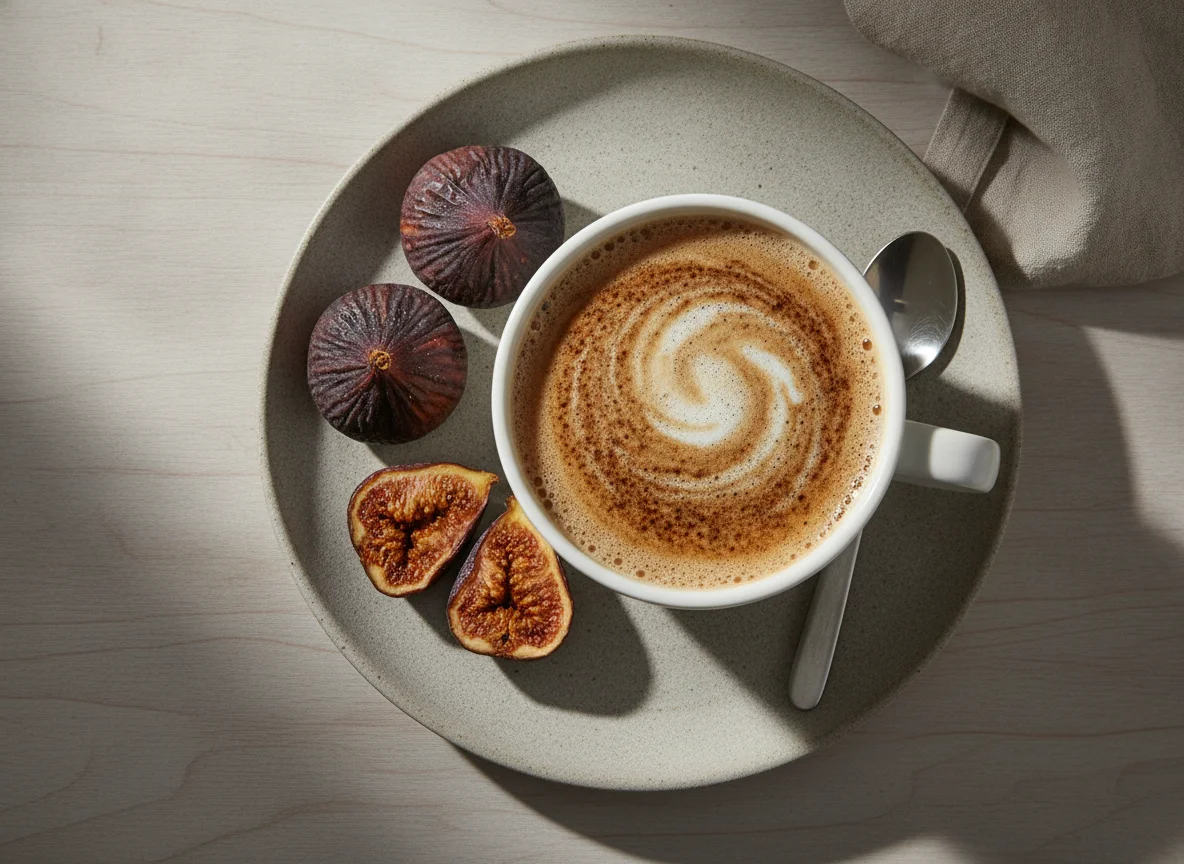 Kaffee mit Milch und getrockneten Feigen photo